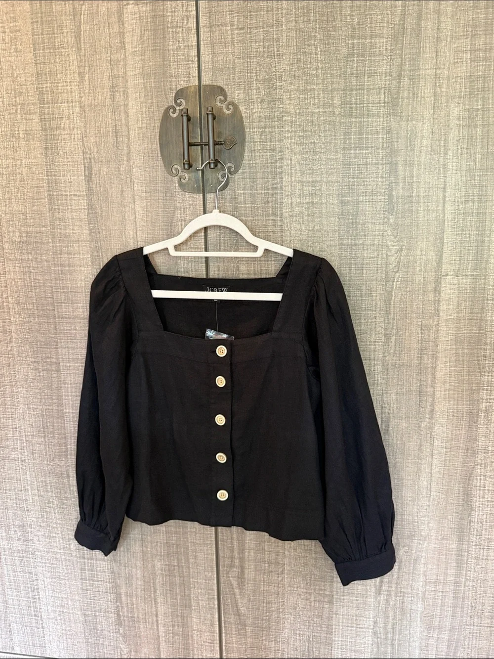 J. Crew Black Square-Neck Button Front Puff Sleeve Blouse In Linen